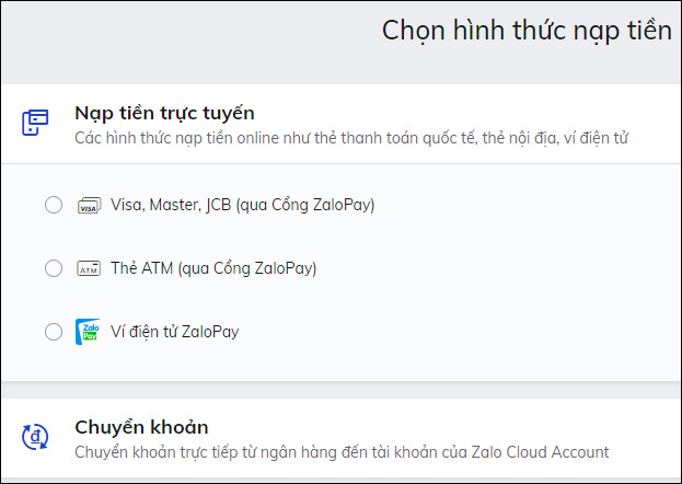 Nạp tiền vào tài khoản Zalo Cloud Account