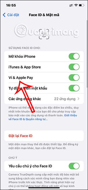 Bỏ kích hoạt Ví & Apple Pay cho Face ID