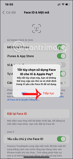 Xác nhận bỏ kích hoạt Ví & Apple Pay cho Face ID