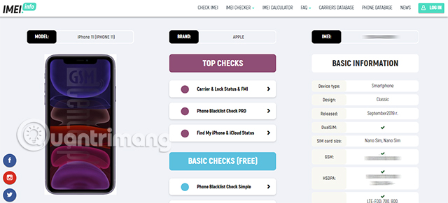Các thông tin về điện thoại xuất hiện