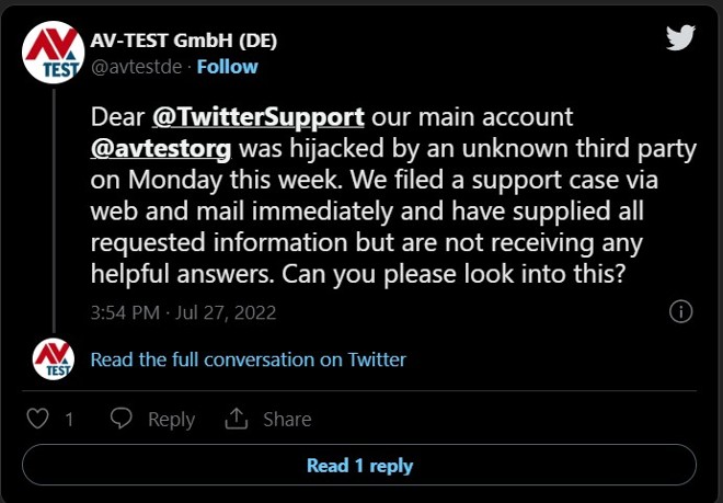 AV-TEST cầu cứu Twitter