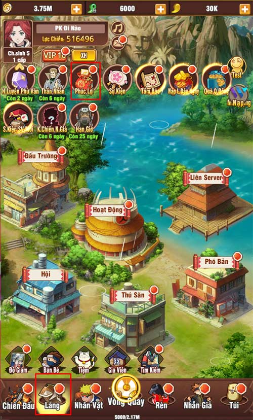 Nhấn vào mục Phúc Lợi tại mục Làng trong game.