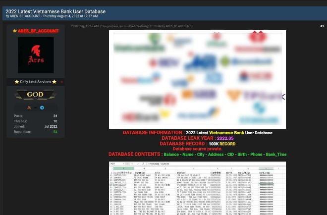 Hacker rao bán dữ liệu 100.000 tài khoản ngân hàng tại Việt Nam