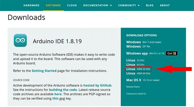 Chọn “Linux ARM 32 bits”