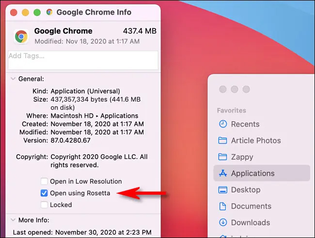 Tích vào ô vuông bên cạnh tùy chọn “Open Using Rosetta”