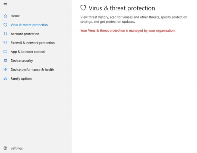 Lỗi Your virus & threat protection is managed by your organization