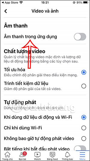 Bỏ kích hoạt âm thanh ứng dụng Facebook iPhone