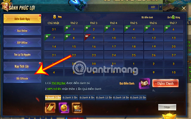 Tại Sảnh Phúc Lợi, nhấn vào mục Đổi Giftcode.