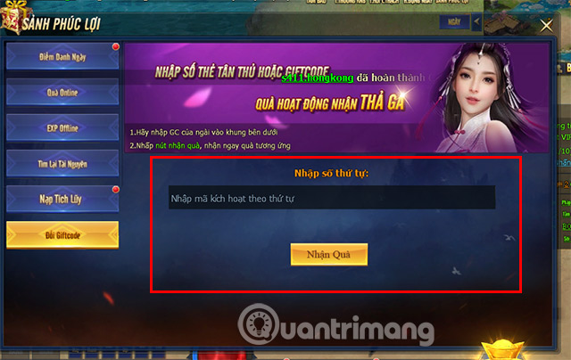 Điền code game và nhấn Nhận Quà.