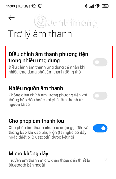 Gạt bật nút Điều chỉnh âm thanh phương tiện trong nhiều ứng dụng lên.