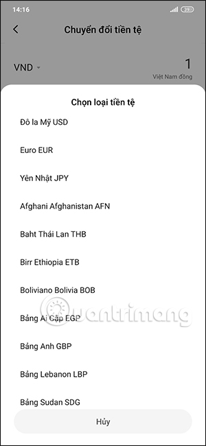 Chọn đơn vị tiền tệ