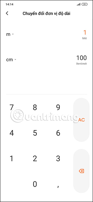 Giao diện đổi đơn vị