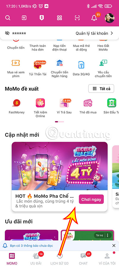 Nhấn vào banner MoMo Pha Chế