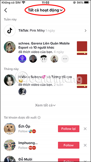 Tất cả hoạt động TikTok