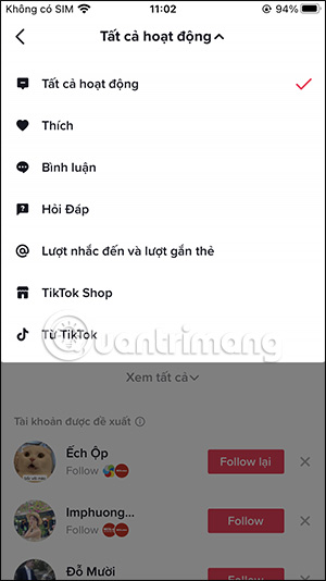 Các mục quản lý TikTok