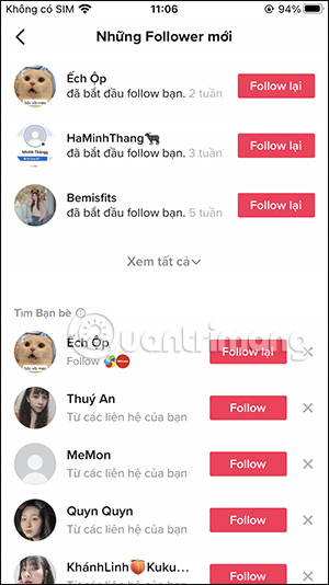 Các tài khoản mới follow