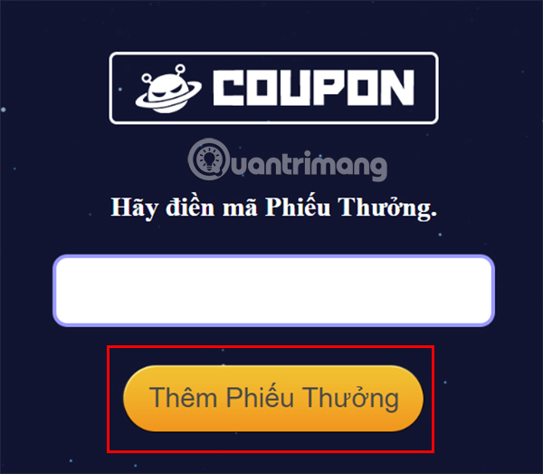  Điền code game vào ô trống và chọn Thêm Phiếu Thưởng.