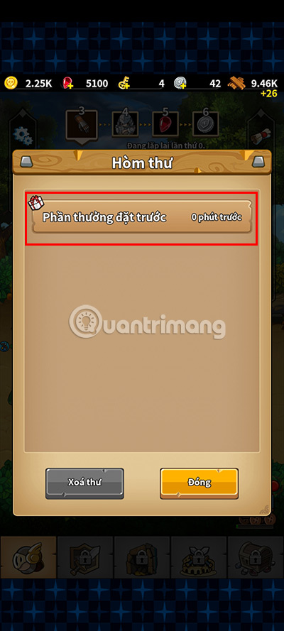 Nhấn vào thư có chứa vật phẩm từ code game