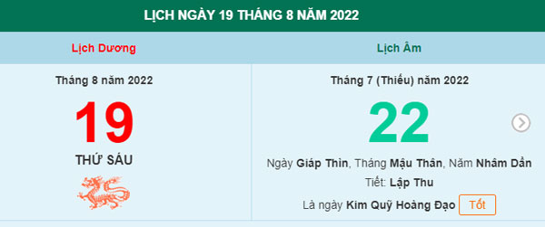 Xem lịch ngày 19/8/2022