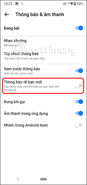 Tắt thông báo về bạn mới Messenger