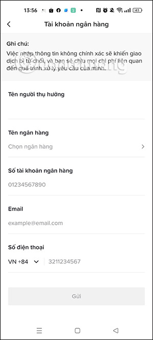 Điền thông tin hoàn tiền TikTok Shop