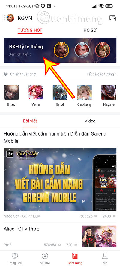 Nhấn vào banner BXH tỷ lệ thắng ở trên cùng của ứng dụng.
