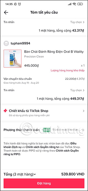 Đặt hàng trên TikTok Shop