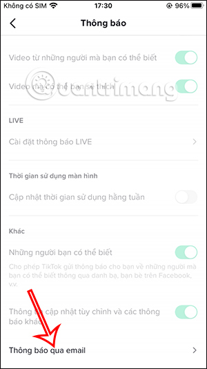 Thông báo trên TikTok qua email