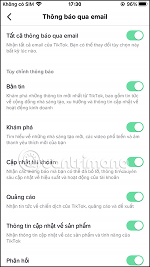 Thông báo TikTok qua email