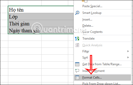 Chọn Format Cells… trong Excel