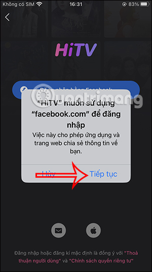 Đăng ký HiTV bằng Facebook