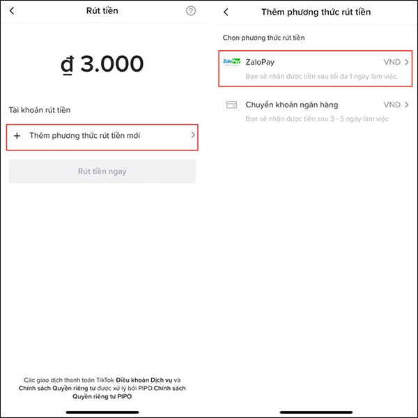 Chọn ZaloPay rút tiền thưởng TikTok