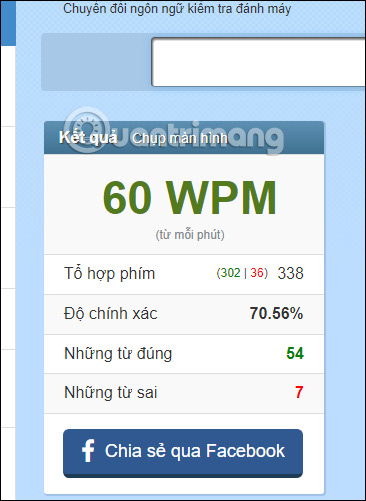 Hiện kết quả gõ máy trên 10fastfingers
