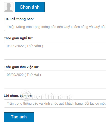 Điền thông tin nghỉ Lễ 2/9