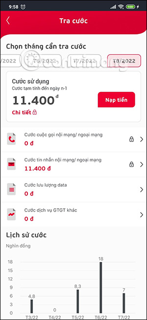 Giao diện tra cứu cước trên My Viettel