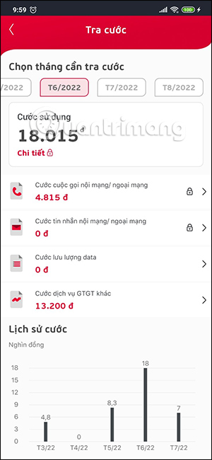 Tra cứu cước các tháng trên My Viettel