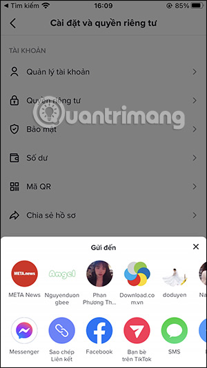 Tùy chọn chia sẻ tài khoản TikTok