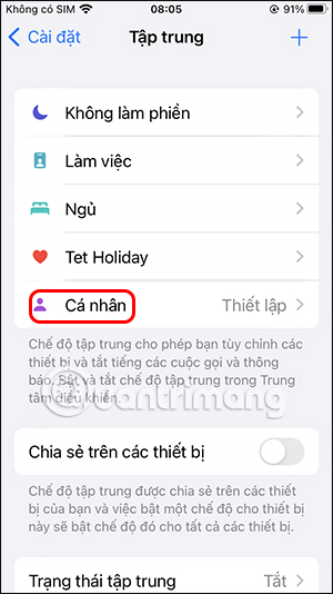 Chọn trạng thái chế độ Focus iPhone