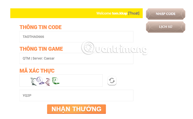  Nhập code game, thông  tin game và mã xác thực 