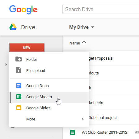 Nhấp vào New và chọn Google Sheets
