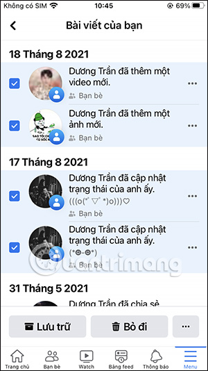 Chọn tất cả các bài viết Facebook 