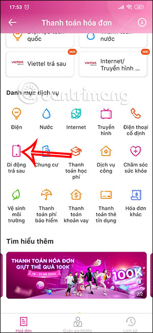 Trả tiền trả sau Mobifone trên Momo