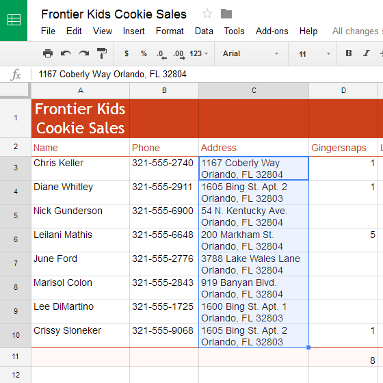 Các ô sẽ được tự động thay đổi kích thước
