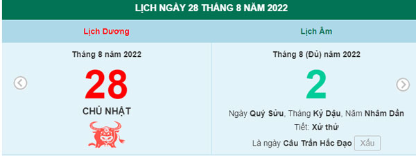 Xem lịch ngày 28/8/2022