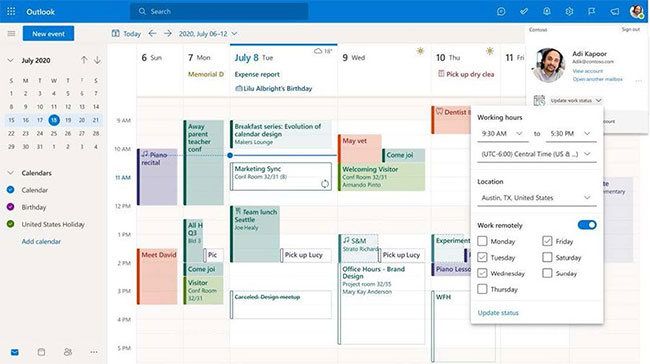 Tính năng lịch Outlook hiển thị các cuộc họp trải dài trong tuần làm việc, cung cấp thông tin về thời gian và địa điểm người tham dự làm việc mỗi ngày