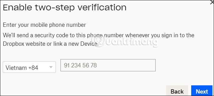 Điền số điện thoại bảo mật Dropbox