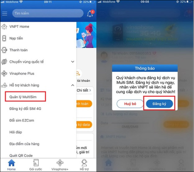 Chọn Quản lý multisim VinaPhone