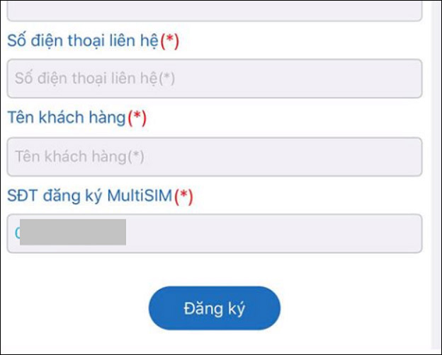Điền thông tin đăng ký multisim VinaPhone