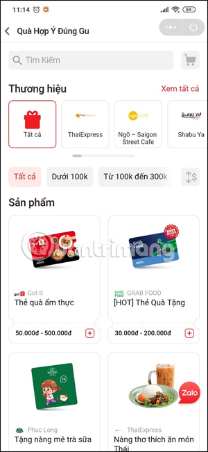 Chọn quà tặng trên Zalo