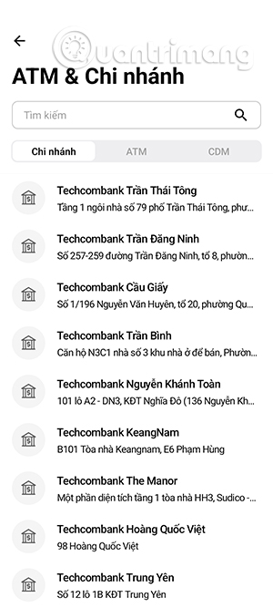Kết quả tra cứu danh sách ATM gần bạn